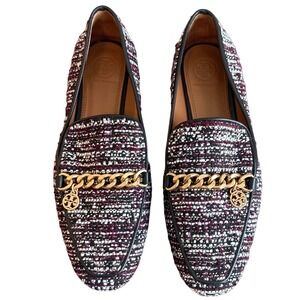 Tory Burch Mini Benton Tweed Gold Chain Loafers Purple Size 7.5